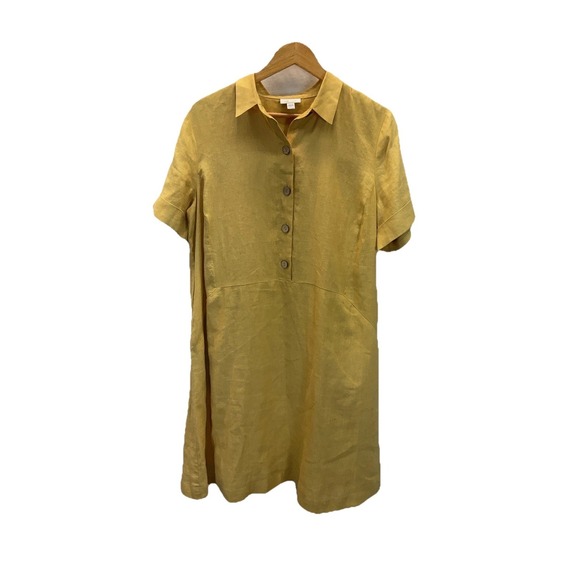 J Jill Love Linen Yellow Shirt Dress Sz L Casual Travel Beach Summer Cruise - Picture 2 of 8